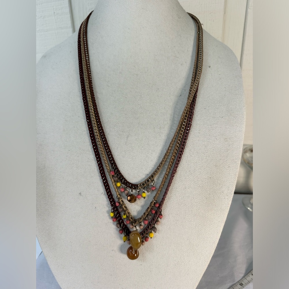 Long three strand boho casual necklace with glass beads